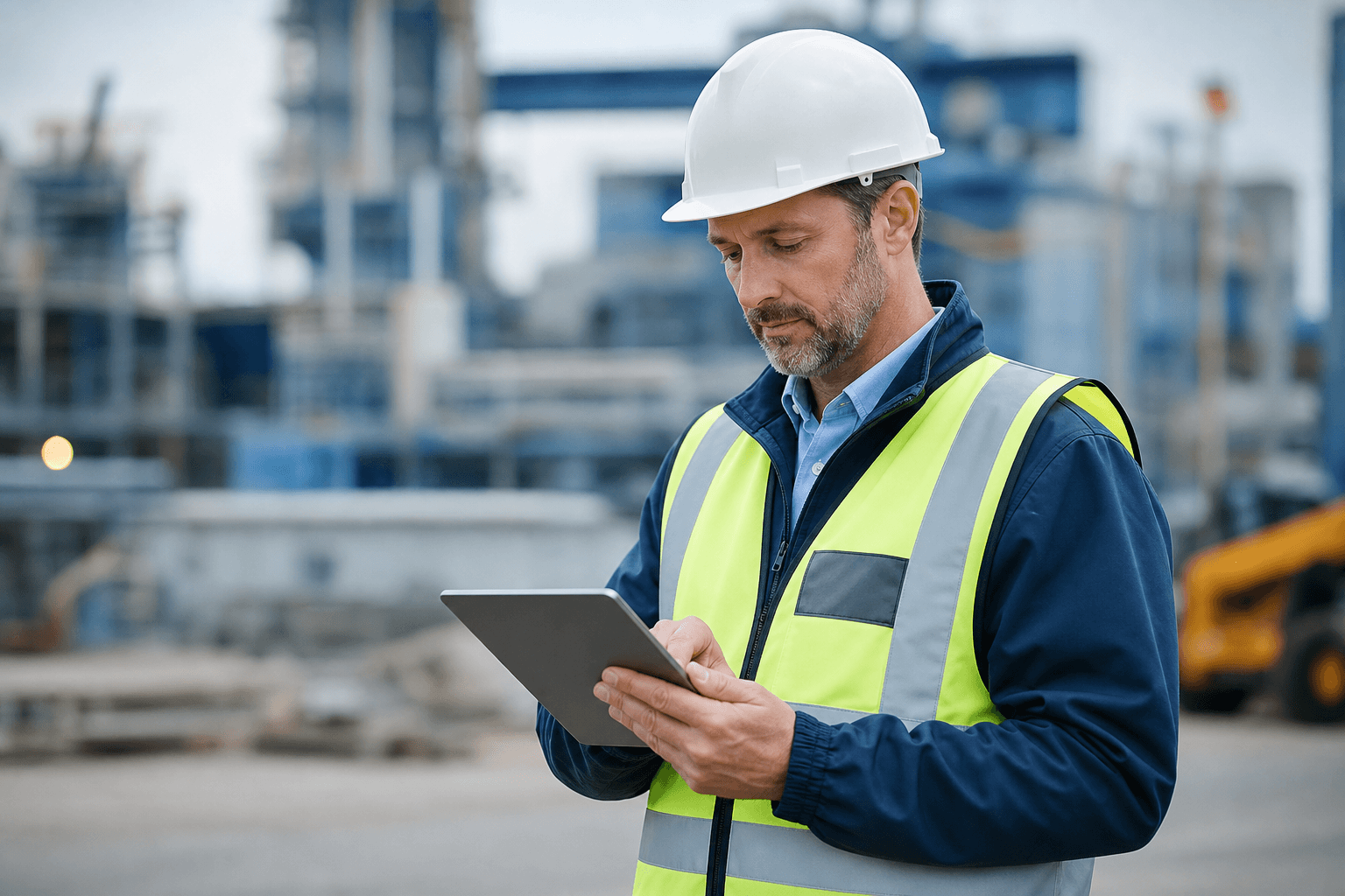 A site supervisor completing a safety check on a tablet